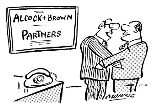 Businessmen with hands in each others' pockets
