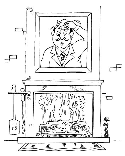 Portrait sweating above a fireplace