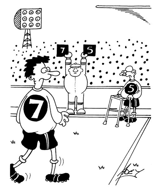 Footballer being substituted by an old man with a zimmer frame
