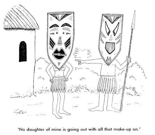 Family scene in jungle, "No daughter of mine is going out with all that make up on"