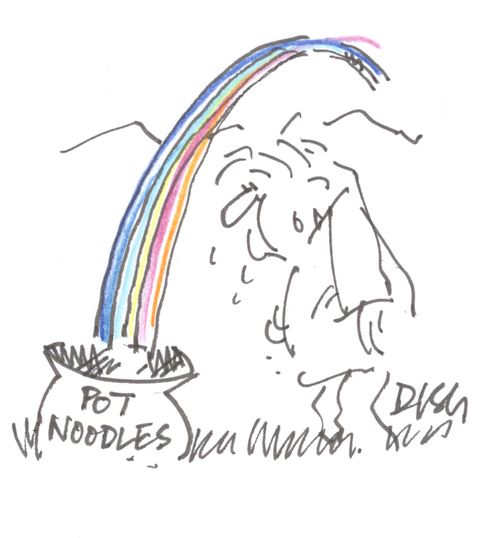 Man finds pot noodles at the end of the rainbow.