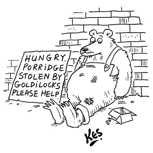 Bear begs near sign: 'Hungry. Porridge stolen by Goldilocks please help.'