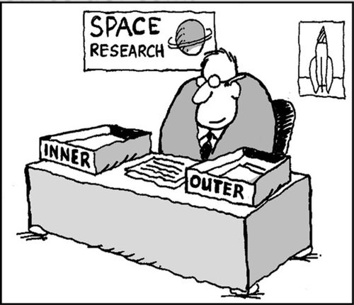 Man at desk in 'Space research'. His in and out boxes are labelled 'inner' and 'outer'.