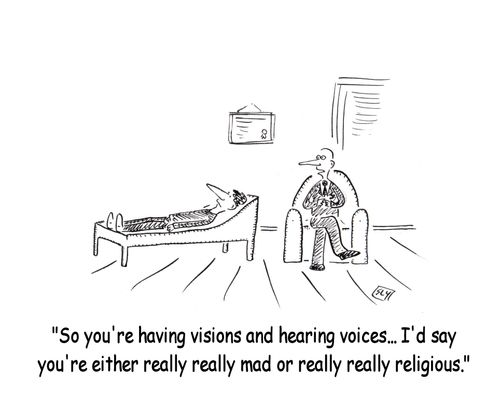 'So you're having visions and hearing voices - I'd say you're either really really mad or really really religious.'