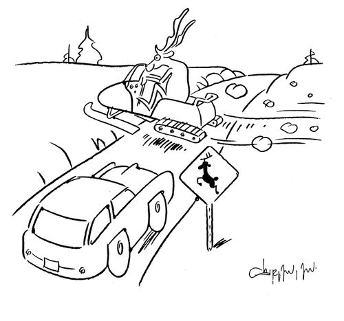 Deer crossing the road on a Skidoo.