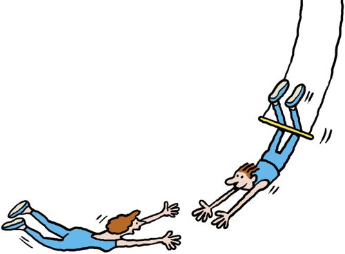 Man catching a woman on flying trapeze.
