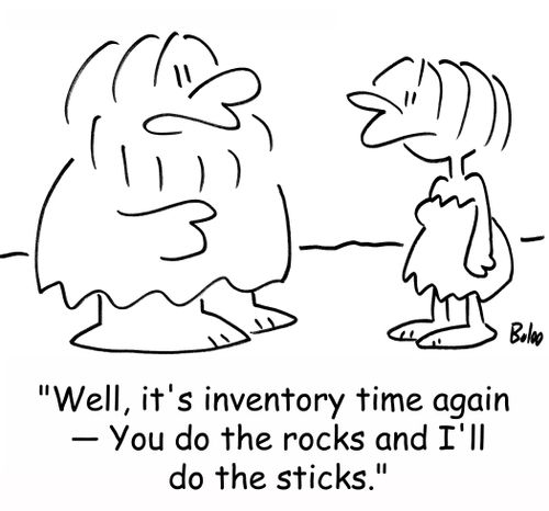 'Well, it's inventory time again -- You do the rocks and I'll do the sticks.'