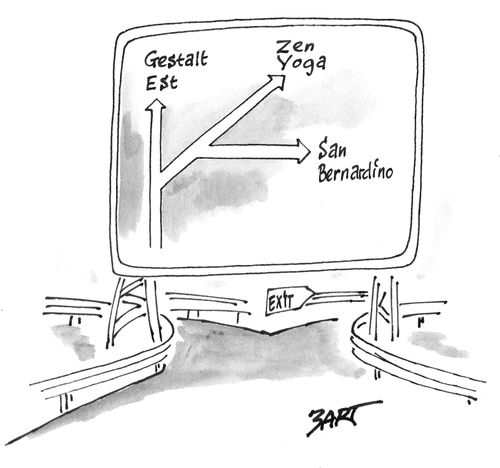 Road sign reads: Gestalt Est, Zen Yoga and San Bernardino.