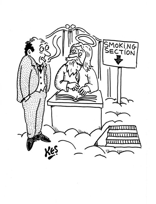 A smoking man stands near the Pearly Gates and sees a sign: Smoking Section(an arrow on the sign is pointing down).