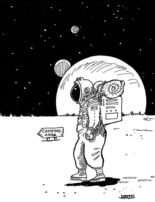 Astronaut following a sign to a camping area.