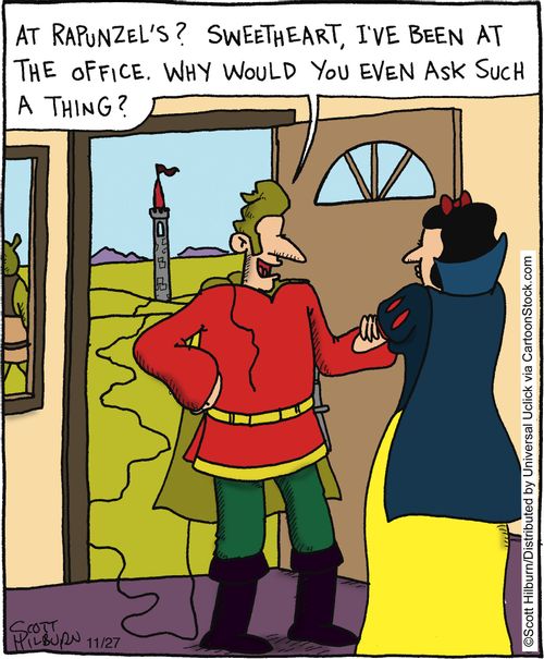 'At Rapunzel's? Sweetheart, I've been at the office. Why would you even ask such a thing?'