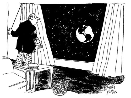 Man looks out of window at the earth.