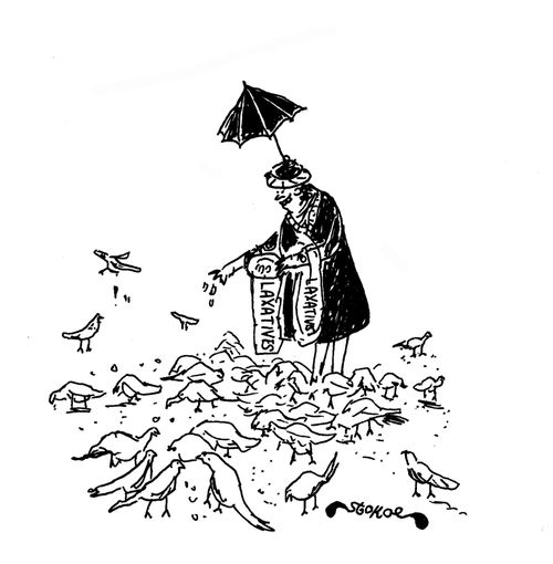 Old women feeding the birds laxatives.