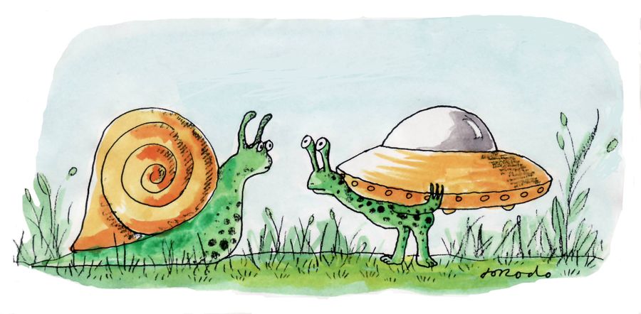 Snail meets alien carrying flying saucer.