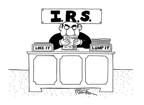 I.R.S.: LIKE IT and LUMP IT nameplates on agent's desk.
