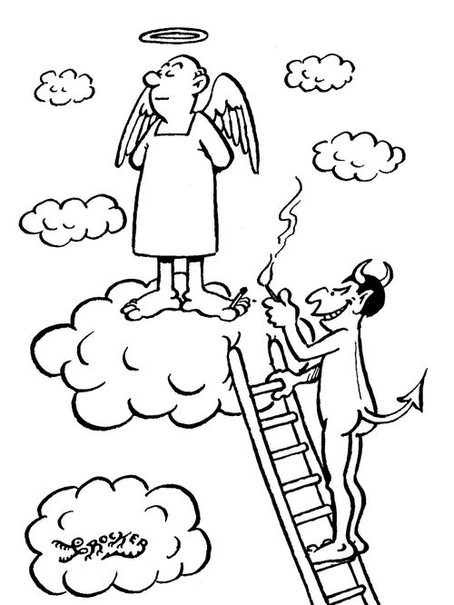 Devil climbing up ladder to reach an angels and light a match between his toes.