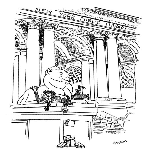 Lion statue attacking the patrons of the New York Public Library.