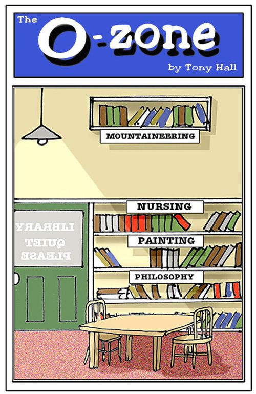 Library has mountaineering books on a high shelf.