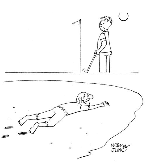 Golfer sees desert crawler in sand trap.