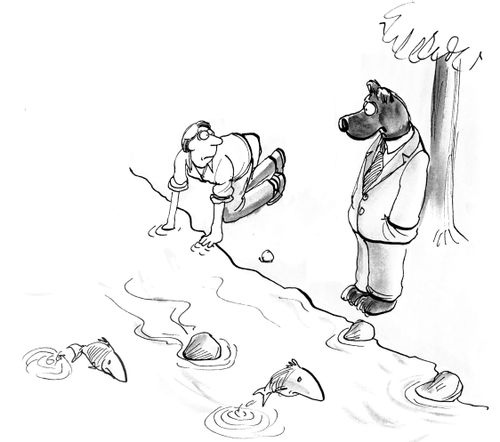 Bear watches as man fishes.