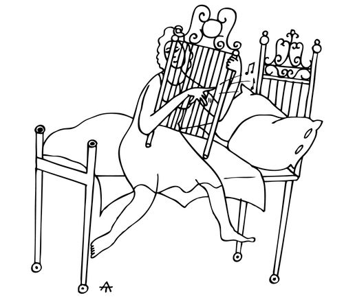 Harpist using her bed frame as a harp.