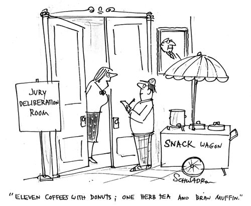 Eleven coffees with donuts; one herb tea and bran muffin.