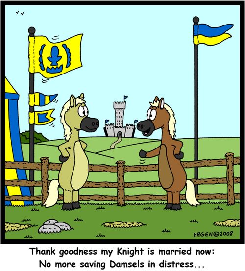 'Thank goodness my Knight is married now: No more saving Damsels in distress...'
