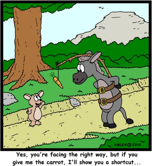 'Yes, you're facing the right way, but if you give me the carrot, I'll show you a shortcut...'