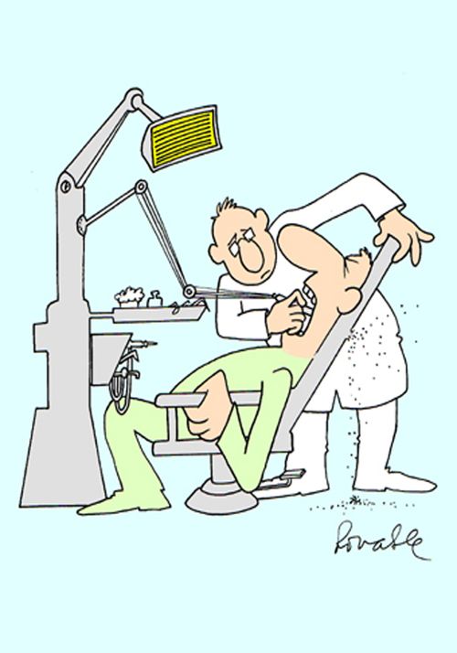 Dentist drilling through to the back of the chair.