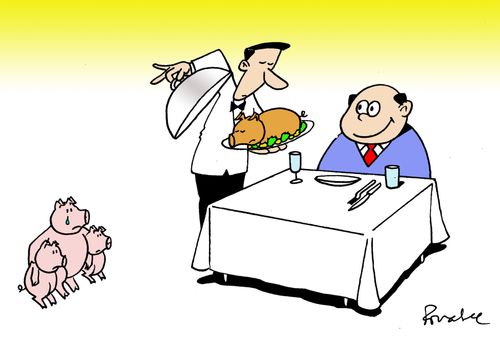 Man at restaurant is presented with his roast pig, as the pigs grieving family look on.