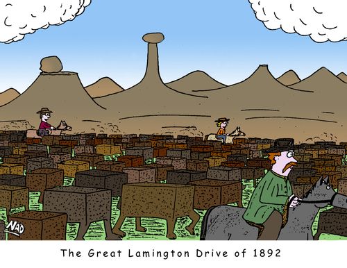 The Great Lamington Drive of 1892 - Lamingtons are being herded like cattle across the plains by cowboys... or lamingtonboys.