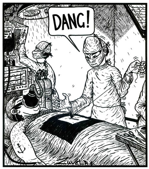 'DANG!' ( a doctor accidentally sews his sleeve to the patient)