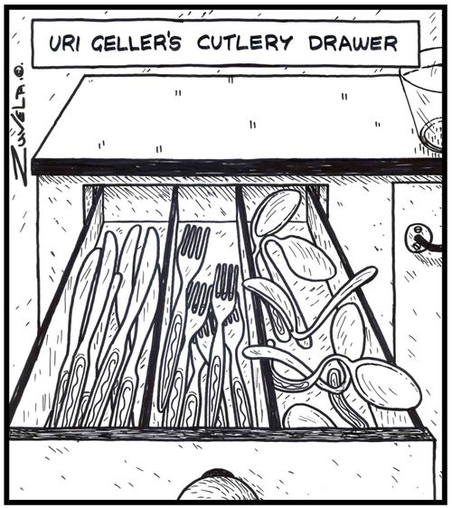 Uri Geller's cutlery drawer. All of the spoons in the drawer a bent.