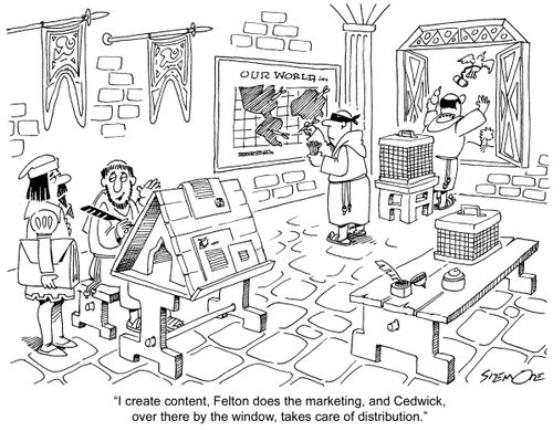 Historic business: 'I create content, Felton does the marketing, and Cedwick, over there by the window, takes care of distribution.'