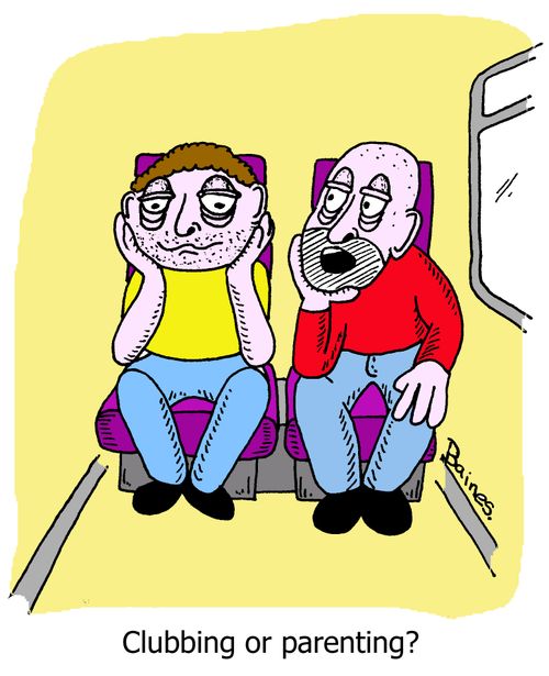 Two tired men on a train - 'Clubbing or parenting?'