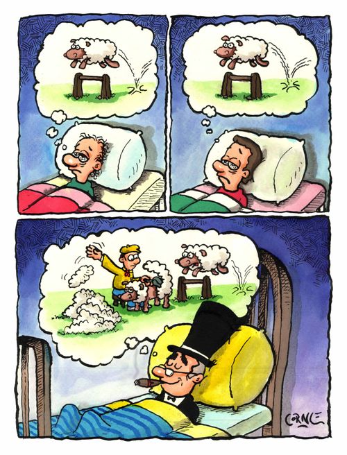 Rich man counting sheared sheep in his sleep (colour)