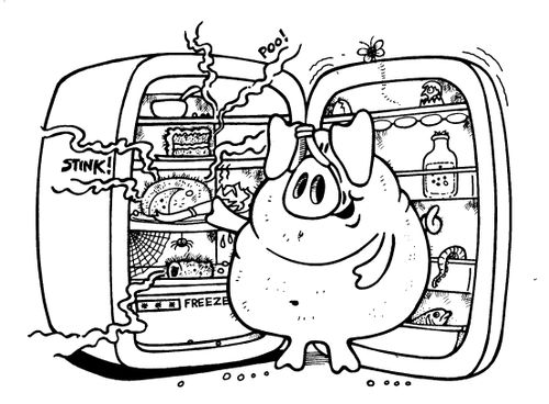 Pig with smelly old food stuffs in his fridge
