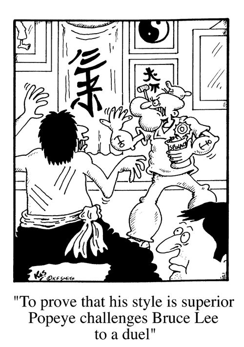 'To prove that his style is superior Popeye challenges Bruce Lee to a duel'