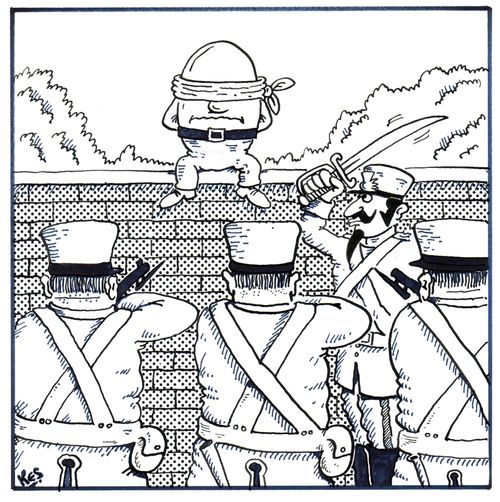 Humpty Dumpty is on a wall in front of a firing squad.
