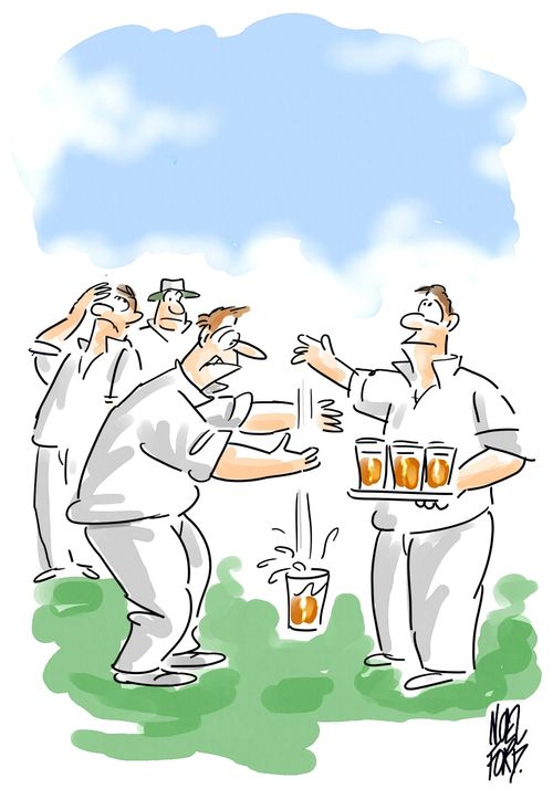 Cricketer drops his glass as it slips through his fingers.