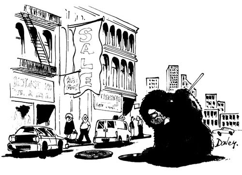 Eskimo hunting for food in the manhole in the busy city