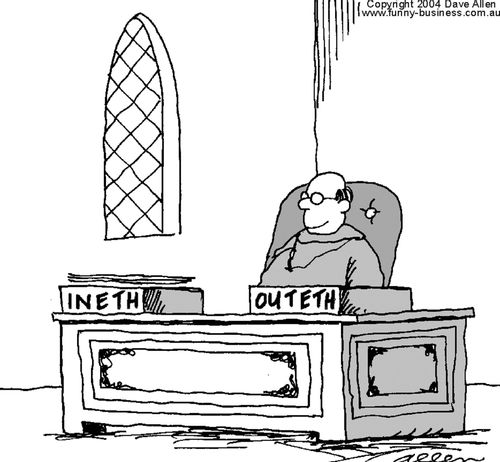 Monk at desk, trays on desk read INETH and OUTETH.