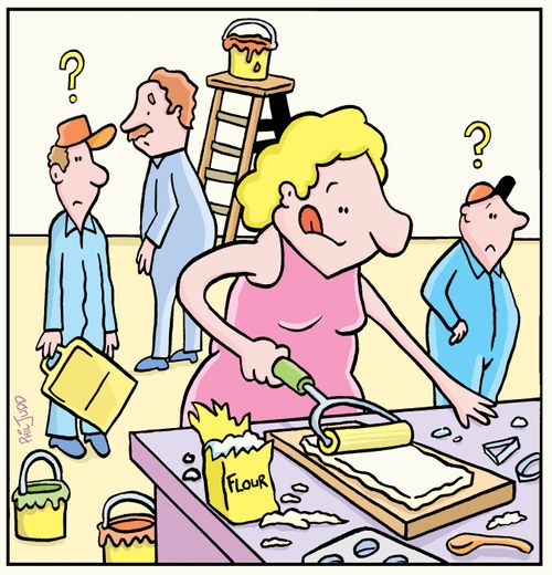 Lady using paint roller as rolling pin for baking dough.