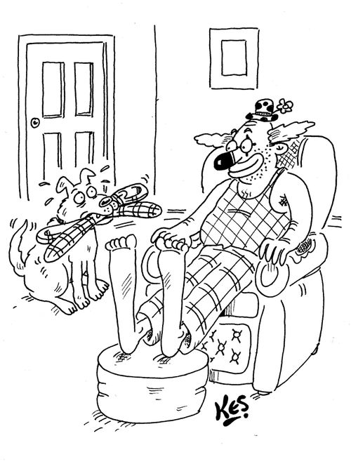 Dog brings clown very large slippers.