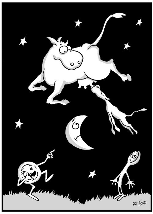 Cow who jumped over the moon with a calf hanging of it's udders.