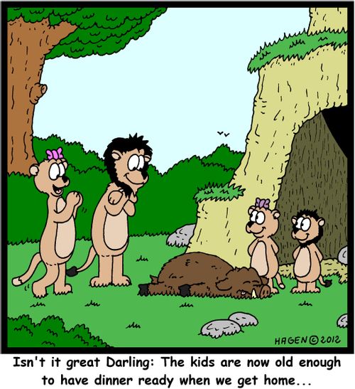 'Isn't it great Darling: The kids are now old enough to have dinner ready when we get home...'