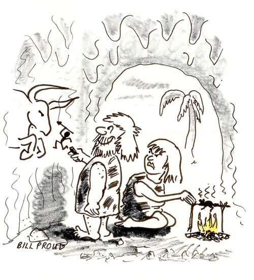 Caveman draws a picture exaggerating his hunting prowess.
