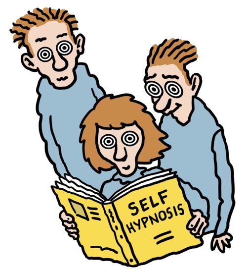 Three people hypnotised by a self-hypnosis book.