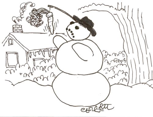 Noseless Snowman Reaches For Carrot Hanging From His Forehead.