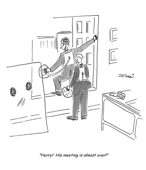 Desperate employees escape through bosses high-rise window.  'Hurry!  His meeting is almost over!'